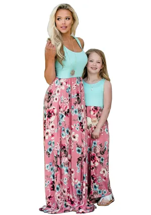 Blue Flower Summer Cute Mommy and Me Boho Striped Chevron Maxi Dresses - WIWIQS