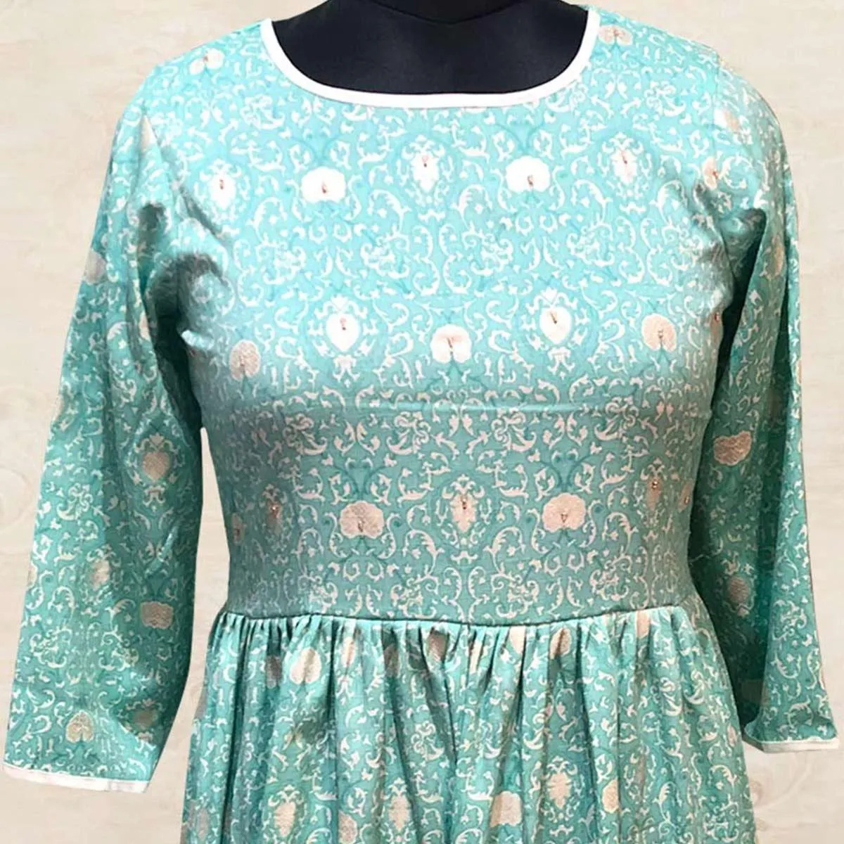 Blue Hand Embellished Printed Pure Cotton Kurti