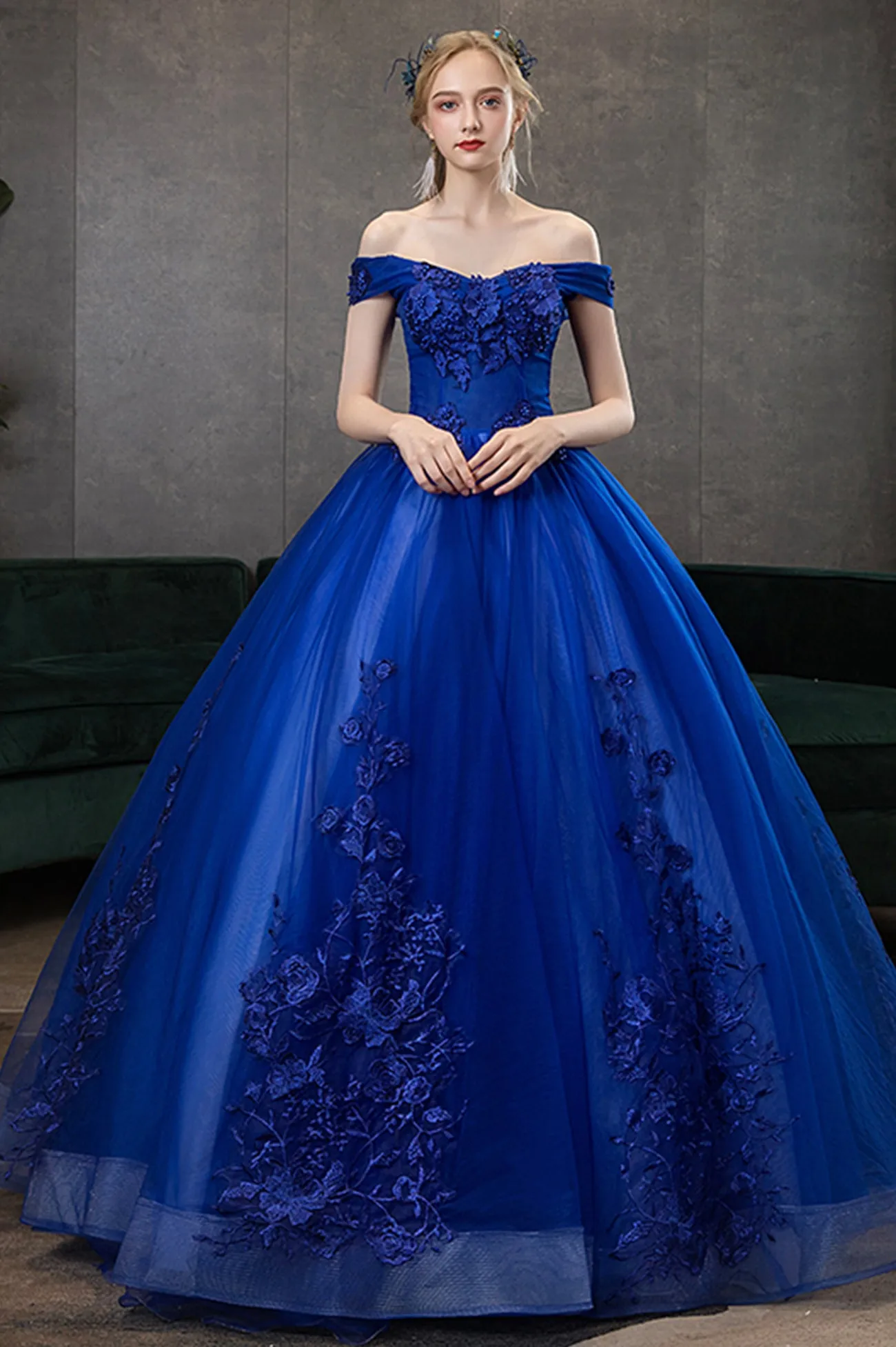 Blue Lace Long A-Line Ball Gown, Blue Off the Shoulder Formal Evening Dress
