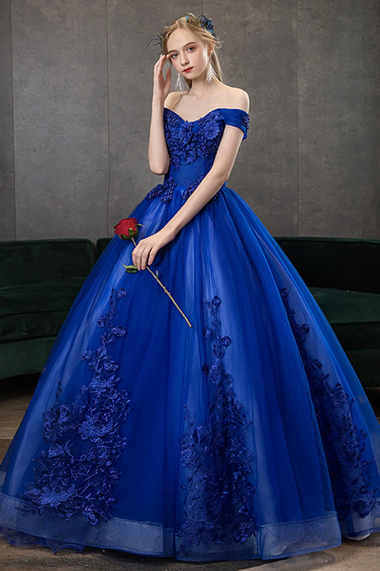 Blue Lace Long A-Line Ball Gown, Blue Off the Shoulder Formal Evening Dress