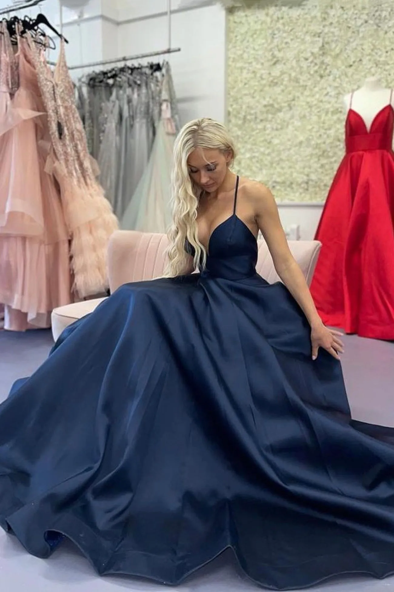 Blue Satin Long A-Line Prom Dress, Simple V-Neck Backless Evening Dress