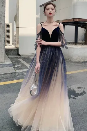 Blue Spaghetti Strap Gradient Long Formal Dress, A-Line V-Neck Prom Dress