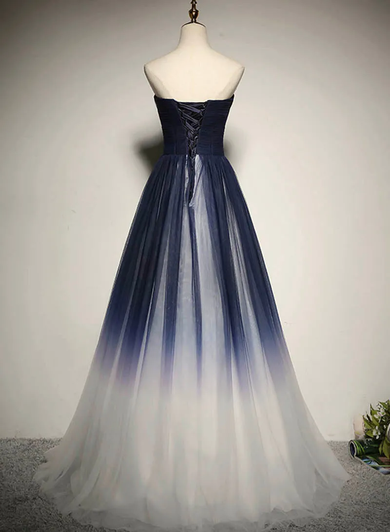 Blue Strapless Ombre Tulle Floor Length Prom Dress