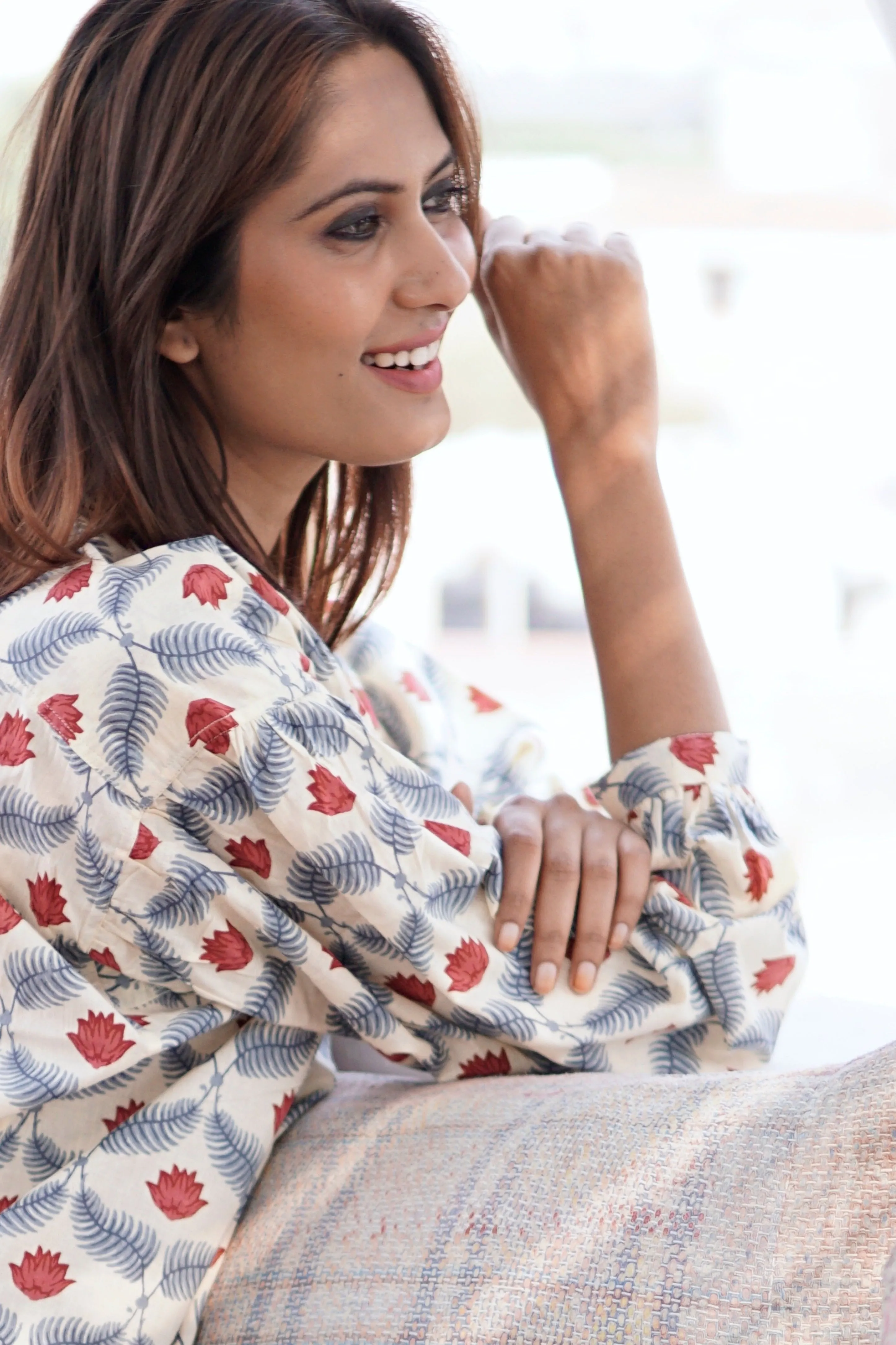 Boho block print blouse, summer blouse, One Size.