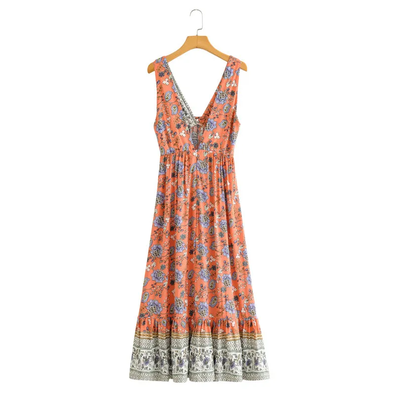 Boho Maxi Dress, Sundress, Pink Blue Morning Glory