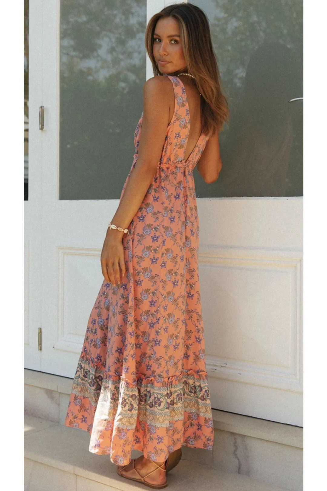 Boho Maxi Dress, Sundress, Pink Blue Morning Glory