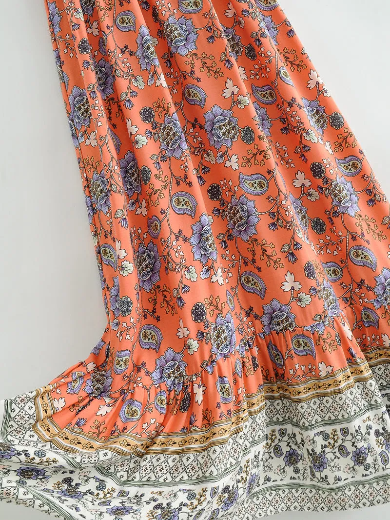 Boho Maxi Dress, Sundress, Pink Blue Morning Glory