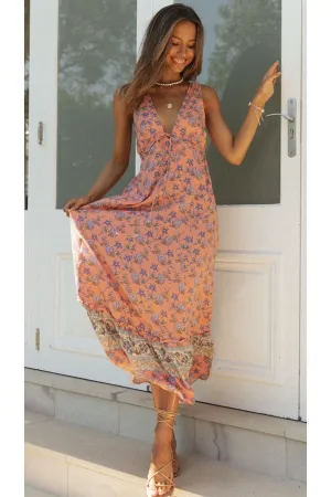 Boho Maxi Dress, Sundress, Pink Blue Morning Glory