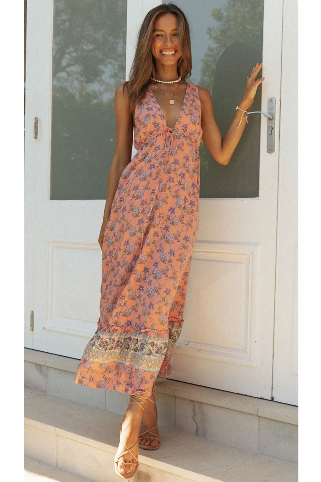 Boho Maxi Dress, Sundress, Pink Blue Morning Glory