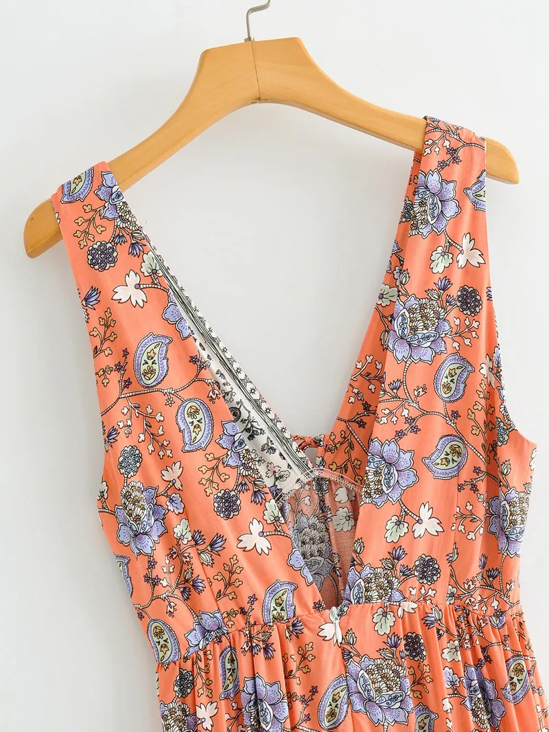 Boho Maxi Dress, Sundress, Pink Blue Morning Glory