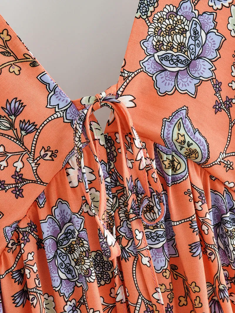 Boho Maxi Dress, Sundress, Pink Blue Morning Glory