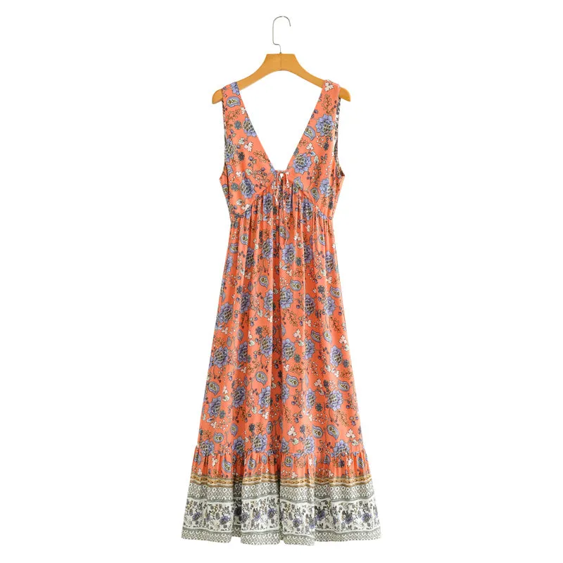 Boho Maxi Dress, Sundress, Pink Blue Morning Glory