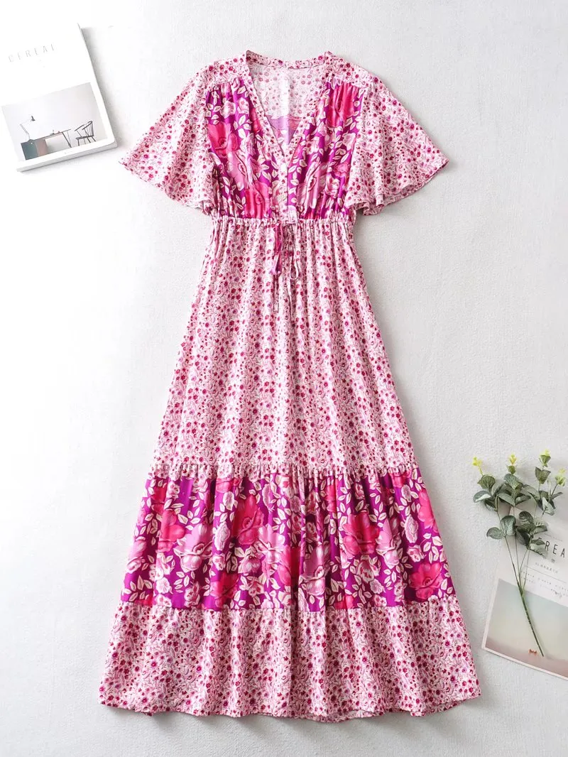 Boho Maxi Dress - Sundress - Sierra Cherry - Bohemian Style - Flowy Summer Dress - Vibrant Print