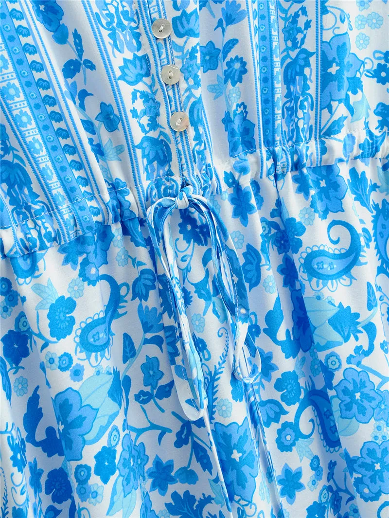 Boho Maxi Dress, Sundress, White Blue Celeste