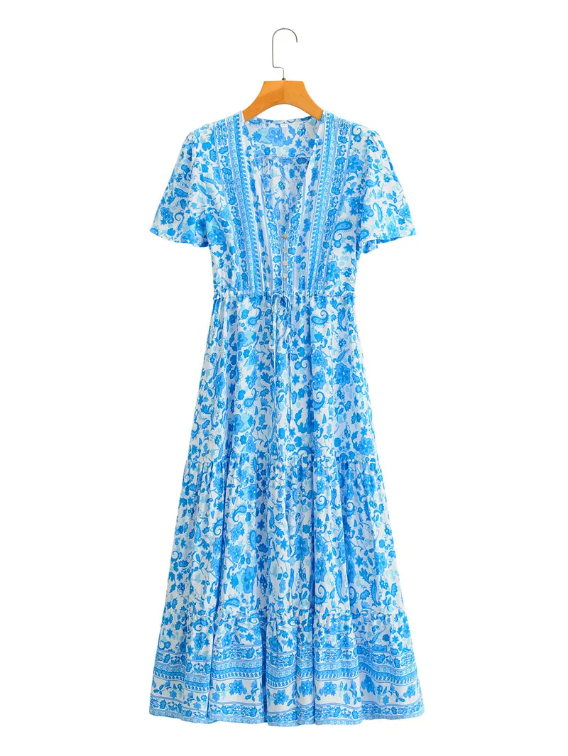 Boho Maxi Dress, Sundress, White Blue Celeste