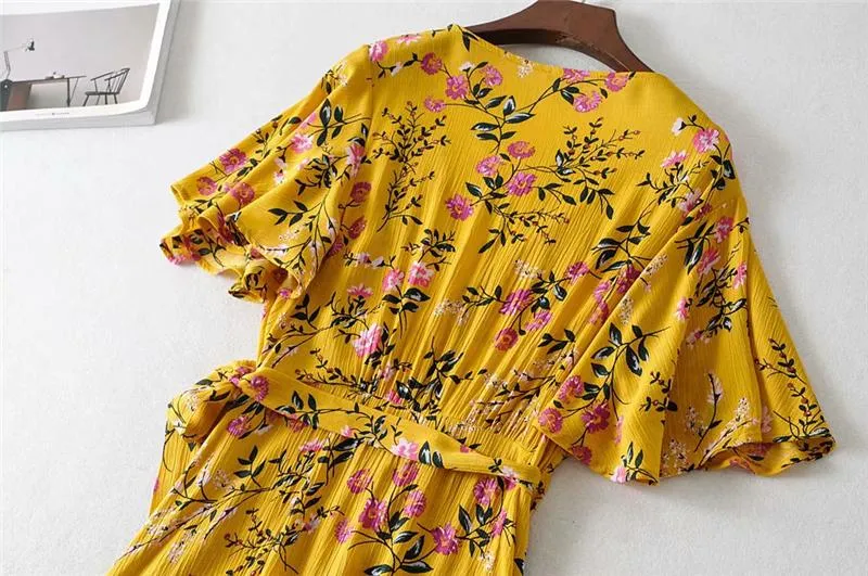 Boho Maxi Dress, Sundress, Wild Floral in Yellow Ducky
