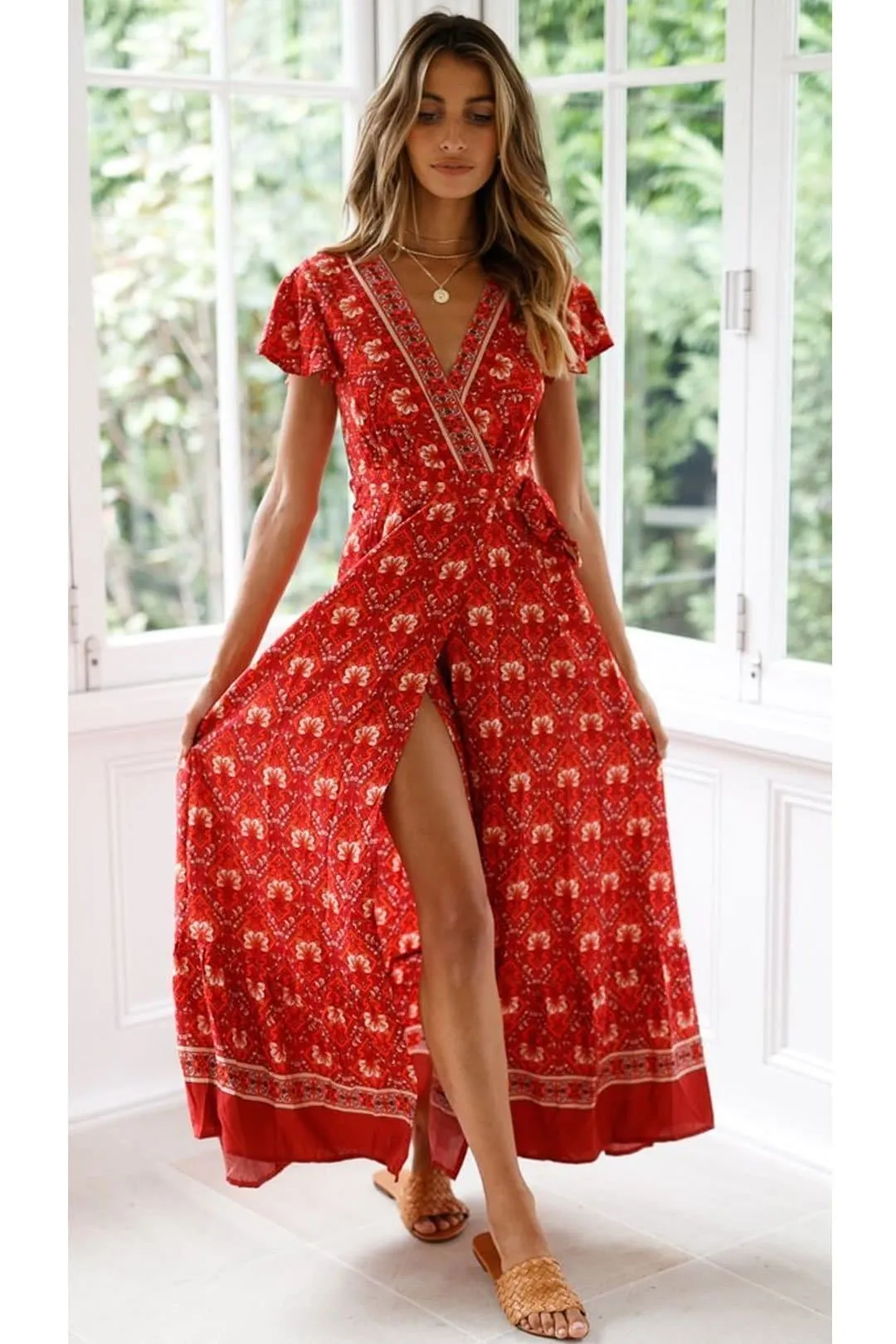 Boho Maxi Dress, Sundress, Wrap Dress, Red Ruby