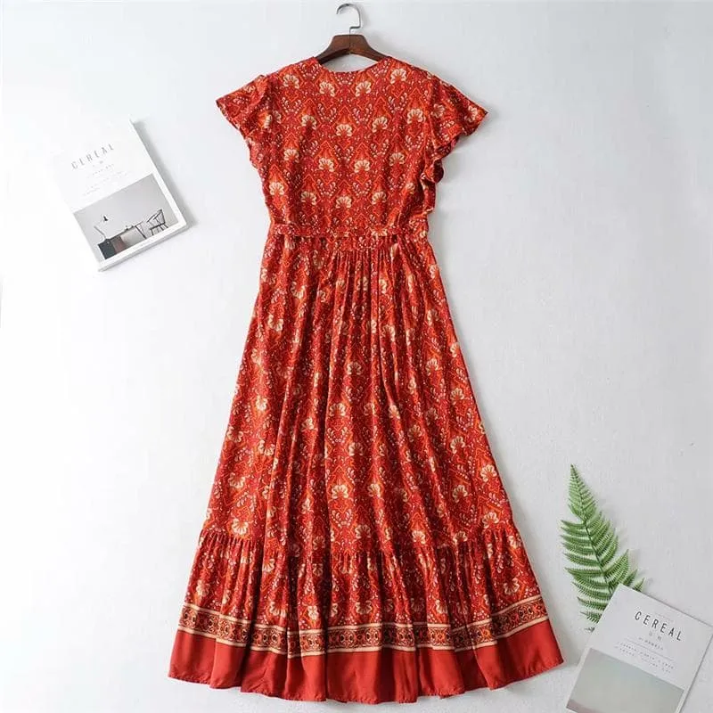 Boho Maxi Dress, Sundress, Wrap Dress, Red Ruby
