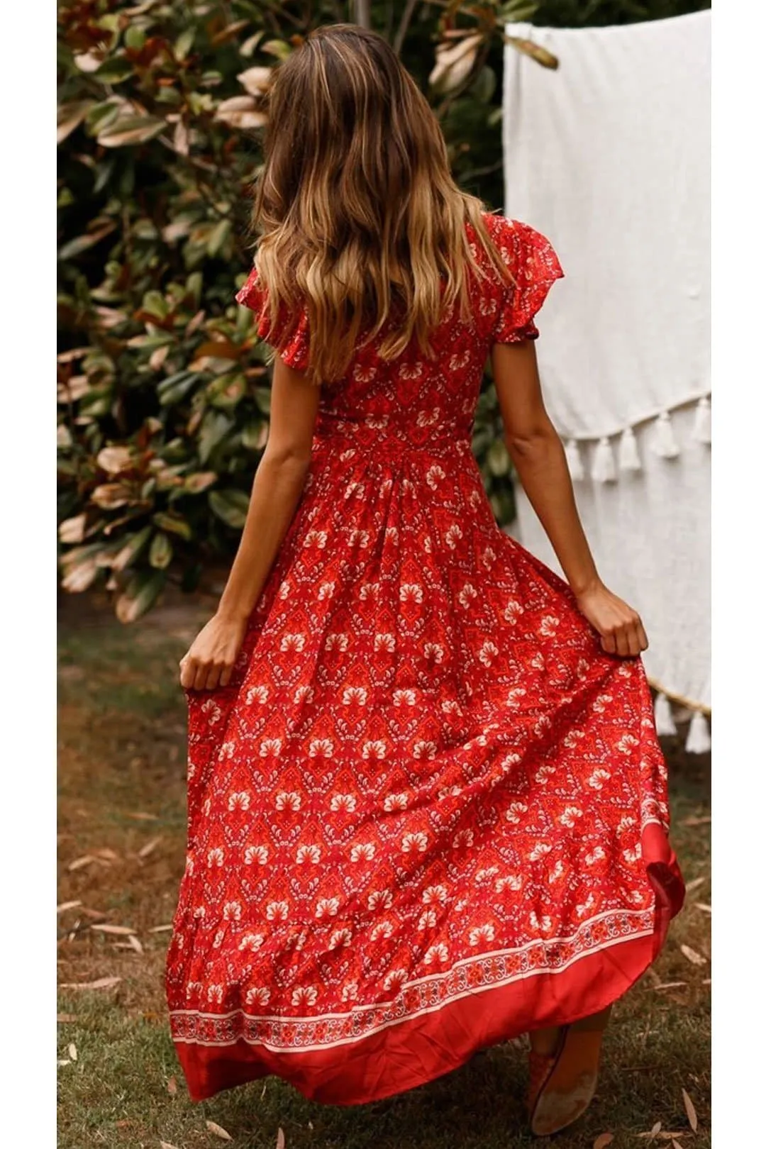 Boho Maxi Dress, Sundress, Wrap Dress, Red Ruby