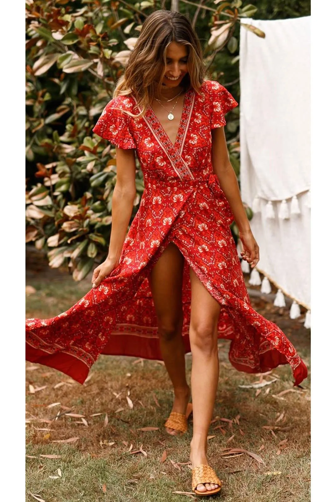 Boho Maxi Dress, Sundress, Wrap Dress, Red Ruby