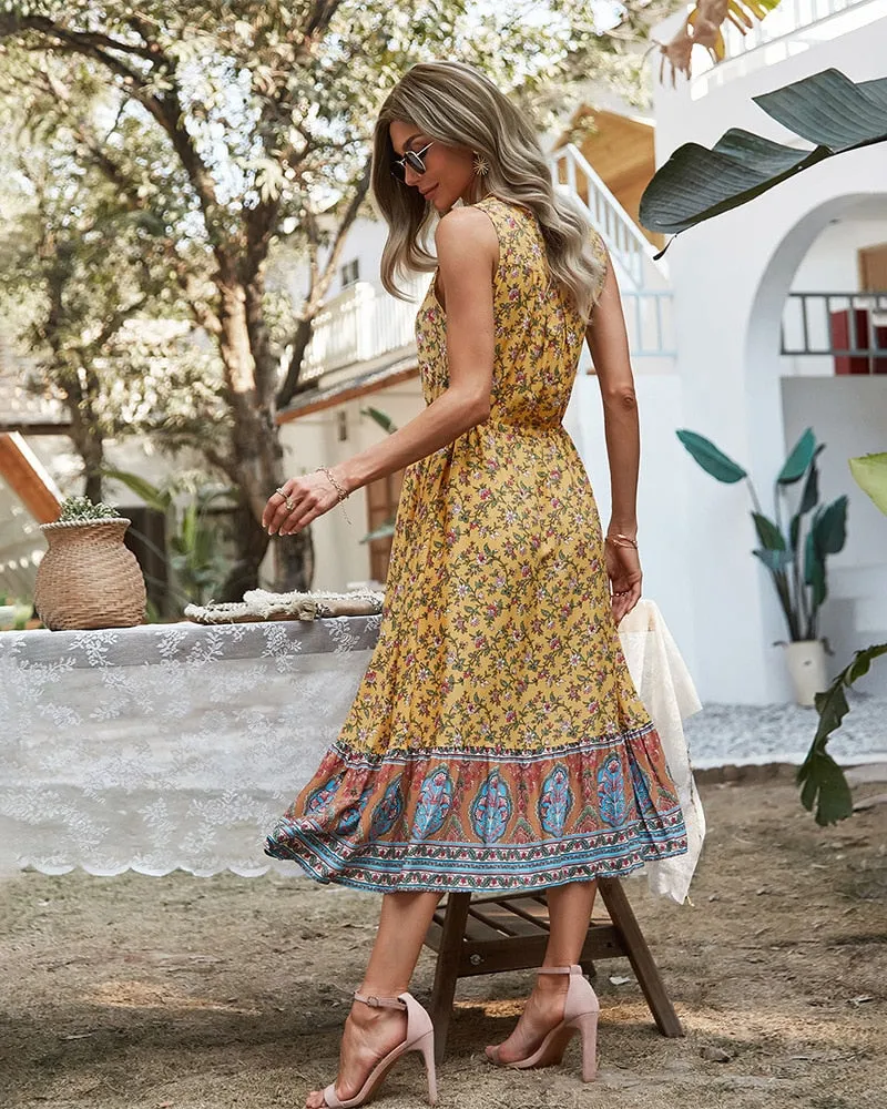 Boho Midi Dress, Sundress, Danielle  in Yellow