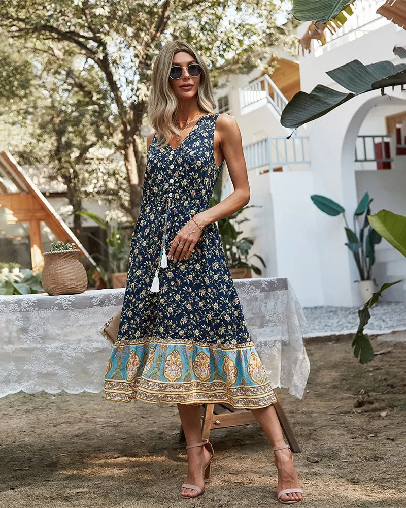 Boho Midi Dress, Sundress, Danielle  in Yellow