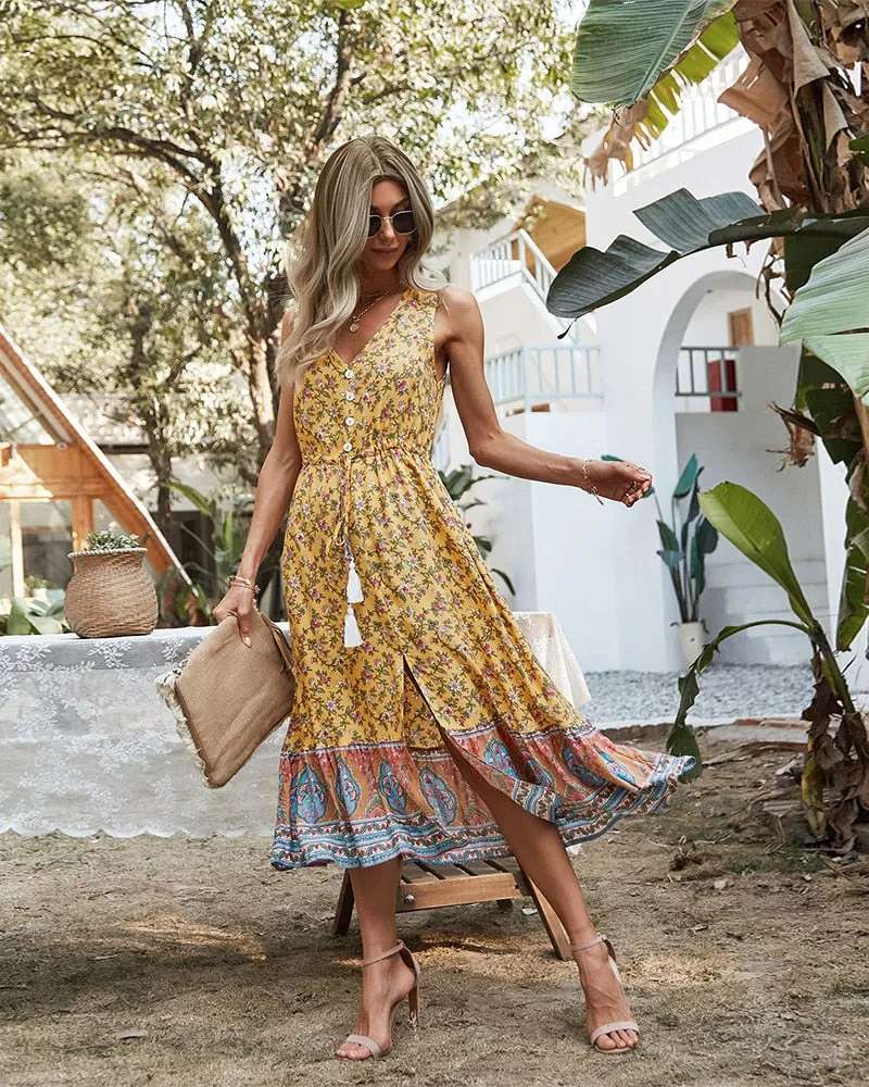 Boho Midi Dress, Sundress, Danielle  in Yellow