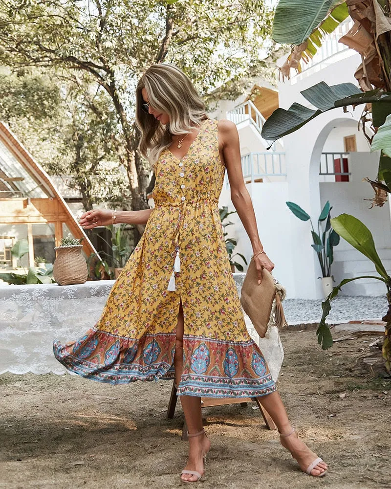 Boho Midi Dress, Sundress, Danielle  in Yellow