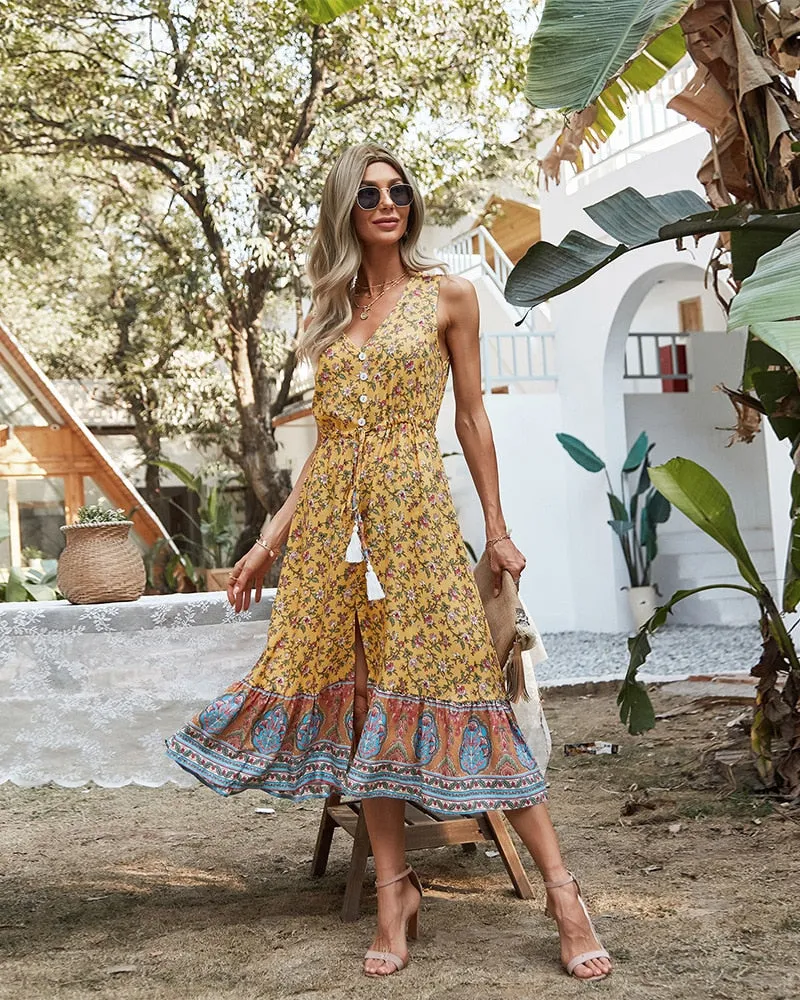 Boho Midi Dress, Sundress, Danielle  in Yellow