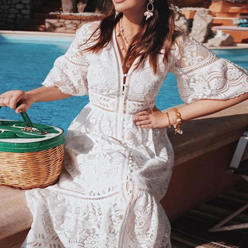 Boho Midi Dress, Sundress, Lace Charlotte  in White