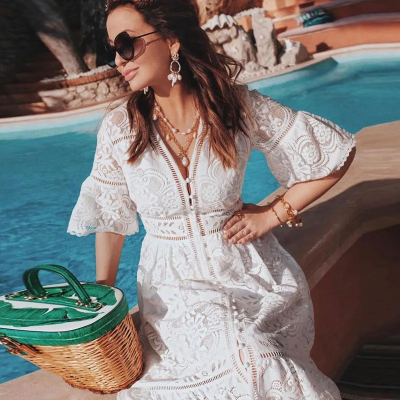 Boho Midi Dress, Sundress, Lace Charlotte  in White