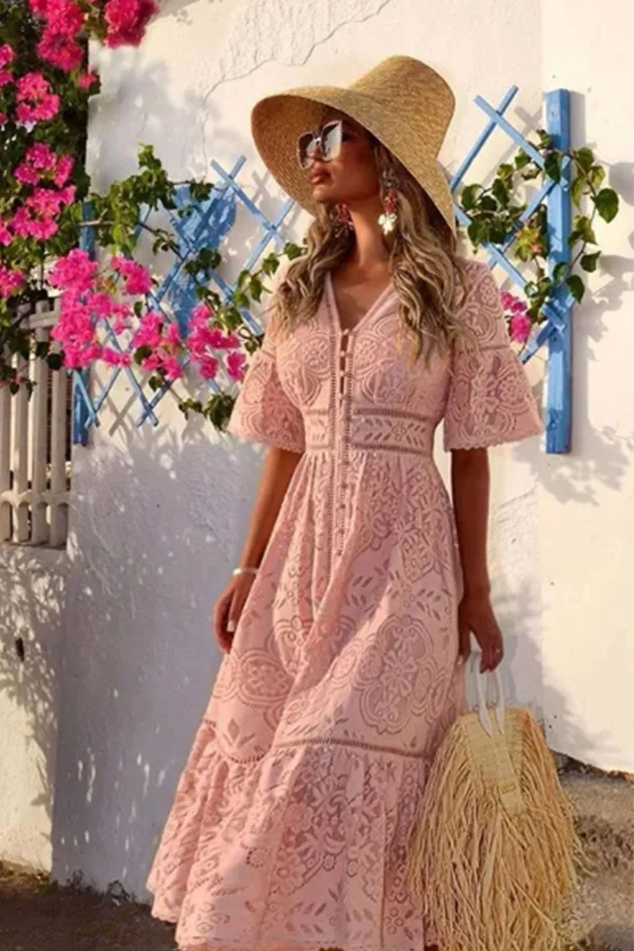Boho Midi Dress, Sundress, Lace Charlotte  in White