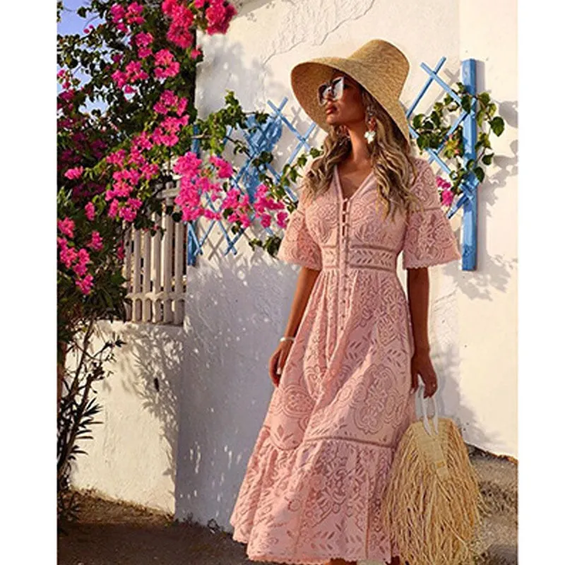 Boho Midi Dress, Sundress, Lace Charlotte  in White