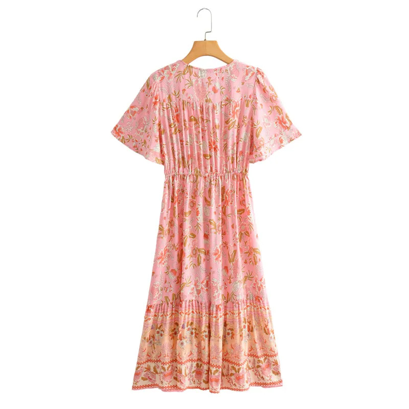 Boho Midi Dress, Sundress, Pink Camelia