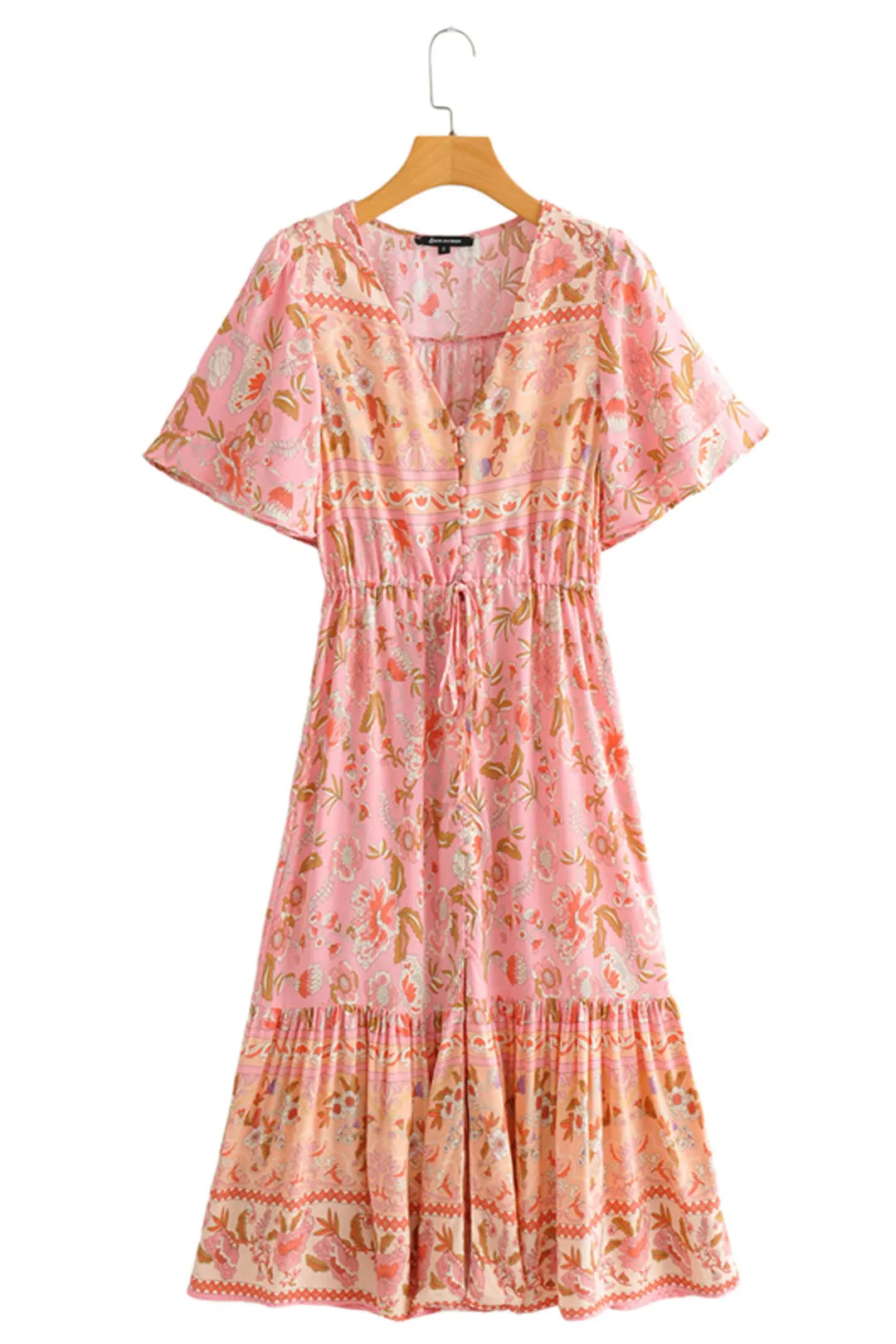 Boho Midi Dress, Sundress, Pink Camelia