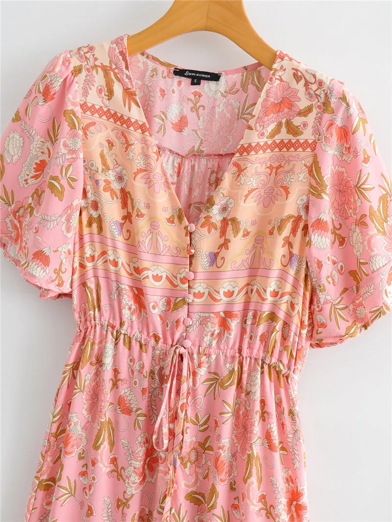 Boho Midi Dress, Sundress, Pink Camelia