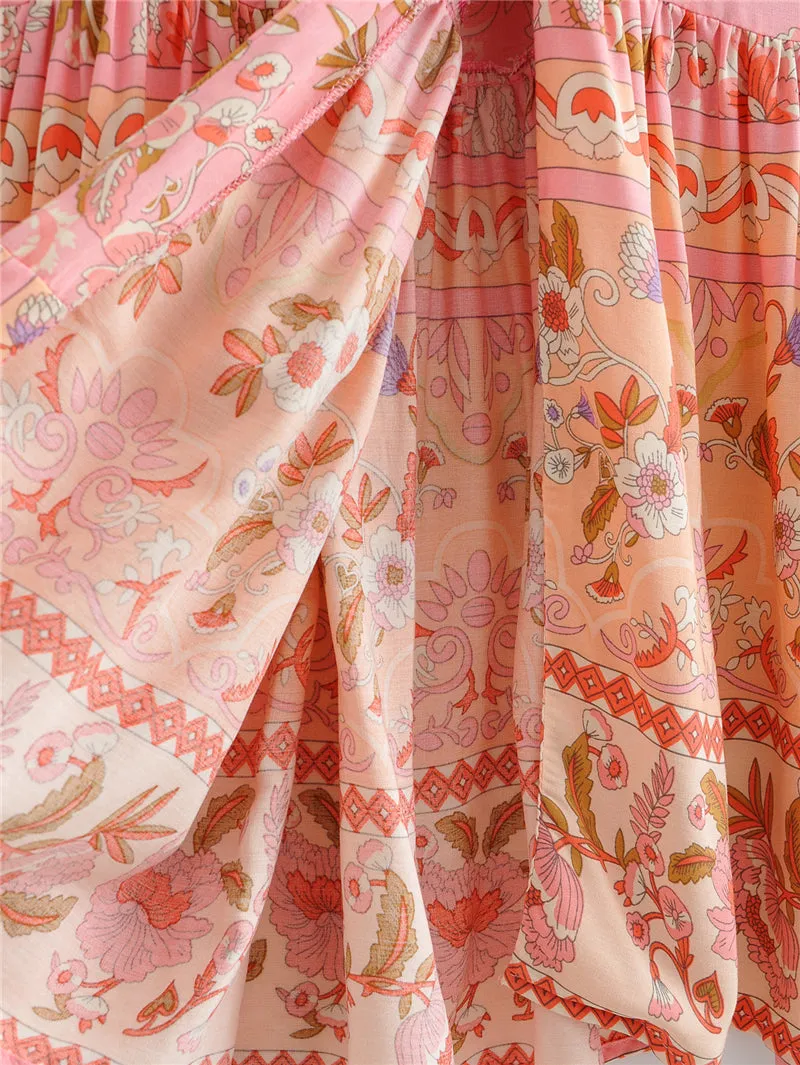 Boho Midi Dress, Sundress, Pink Camelia