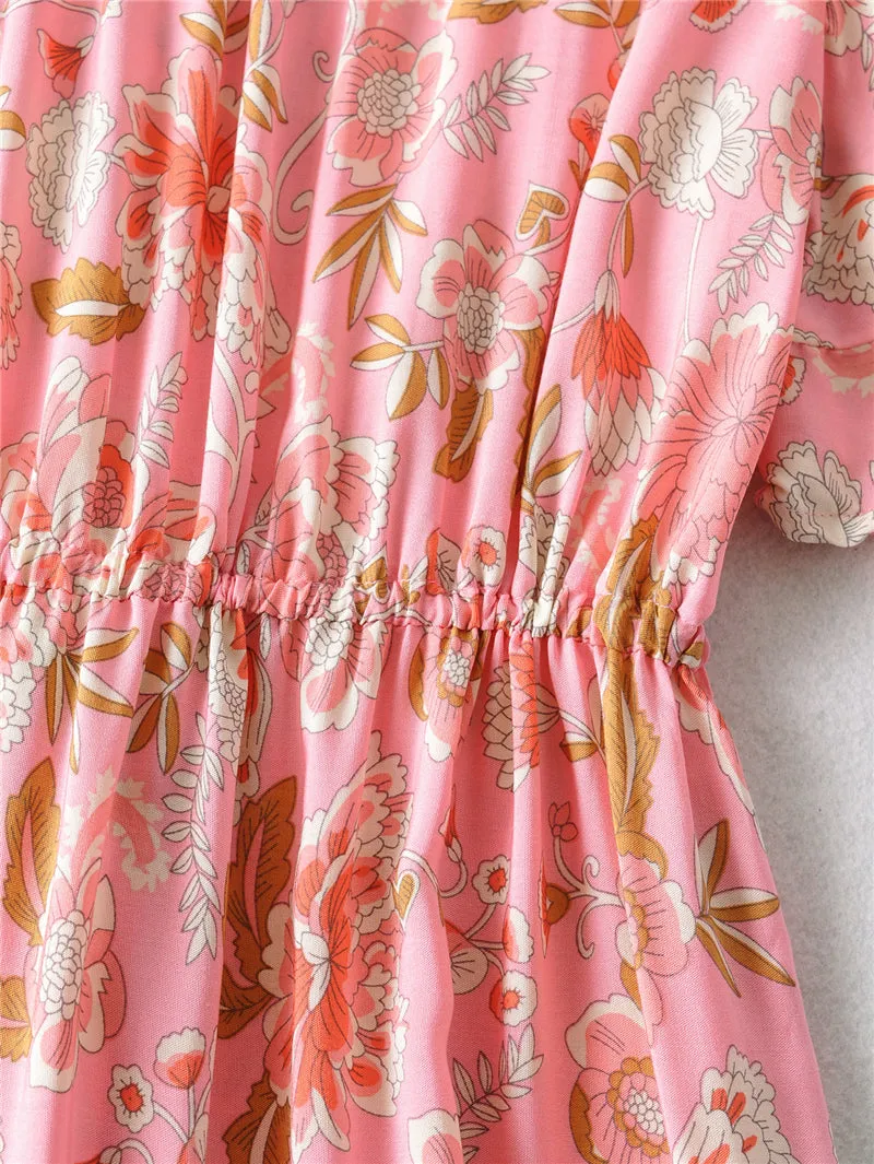 Boho Midi Dress, Sundress, Pink Camelia
