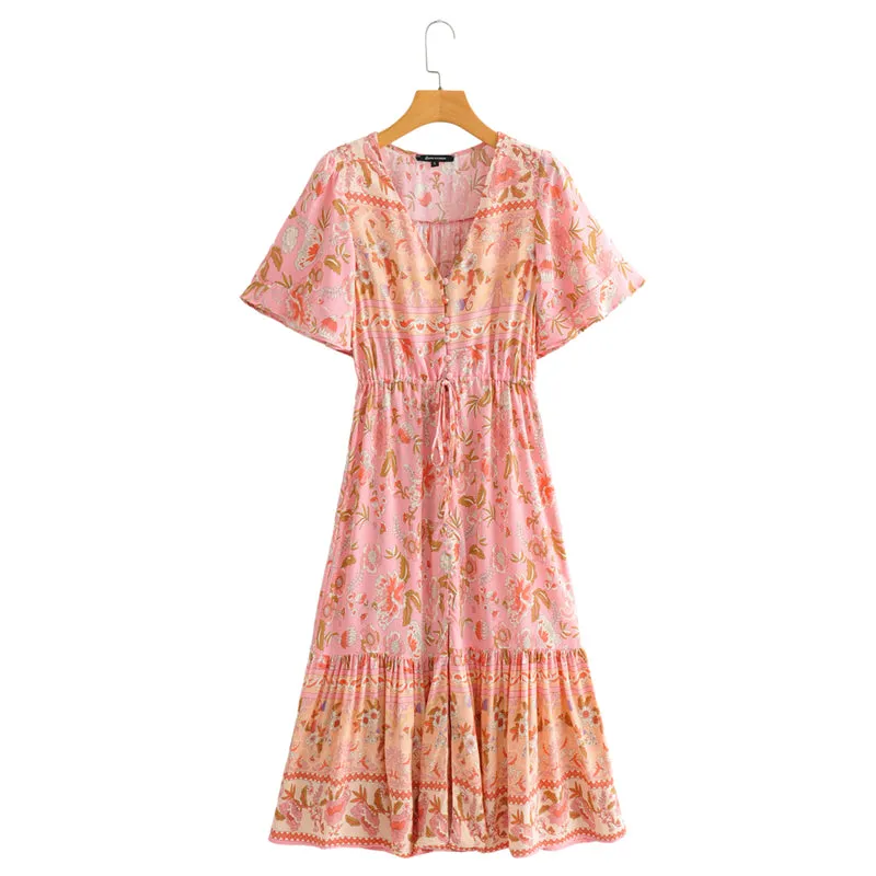 Boho Midi Dress, Sundress, Pink Camelia