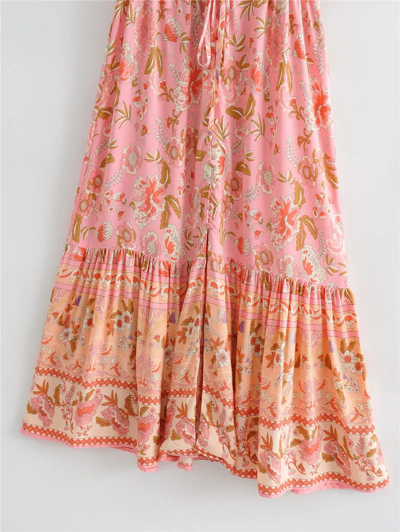 Boho Midi Dress, Sundress, Pink Camelia