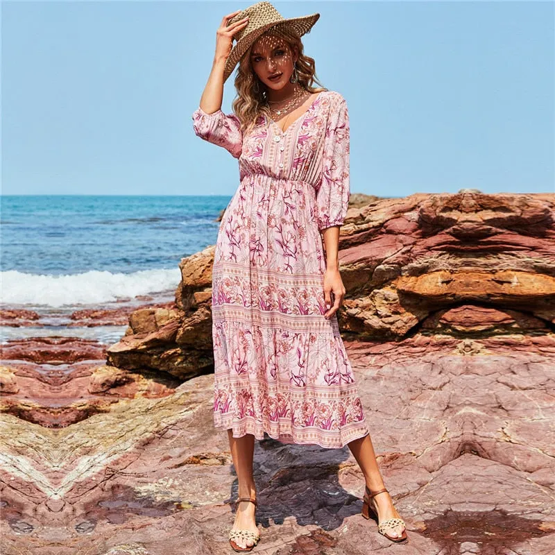 Boho Midi Dress, Sundress, Viola in Pink Rose