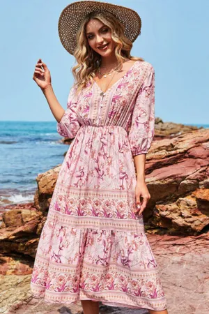 Boho Midi Dress, Sundress, Viola in Pink Rose