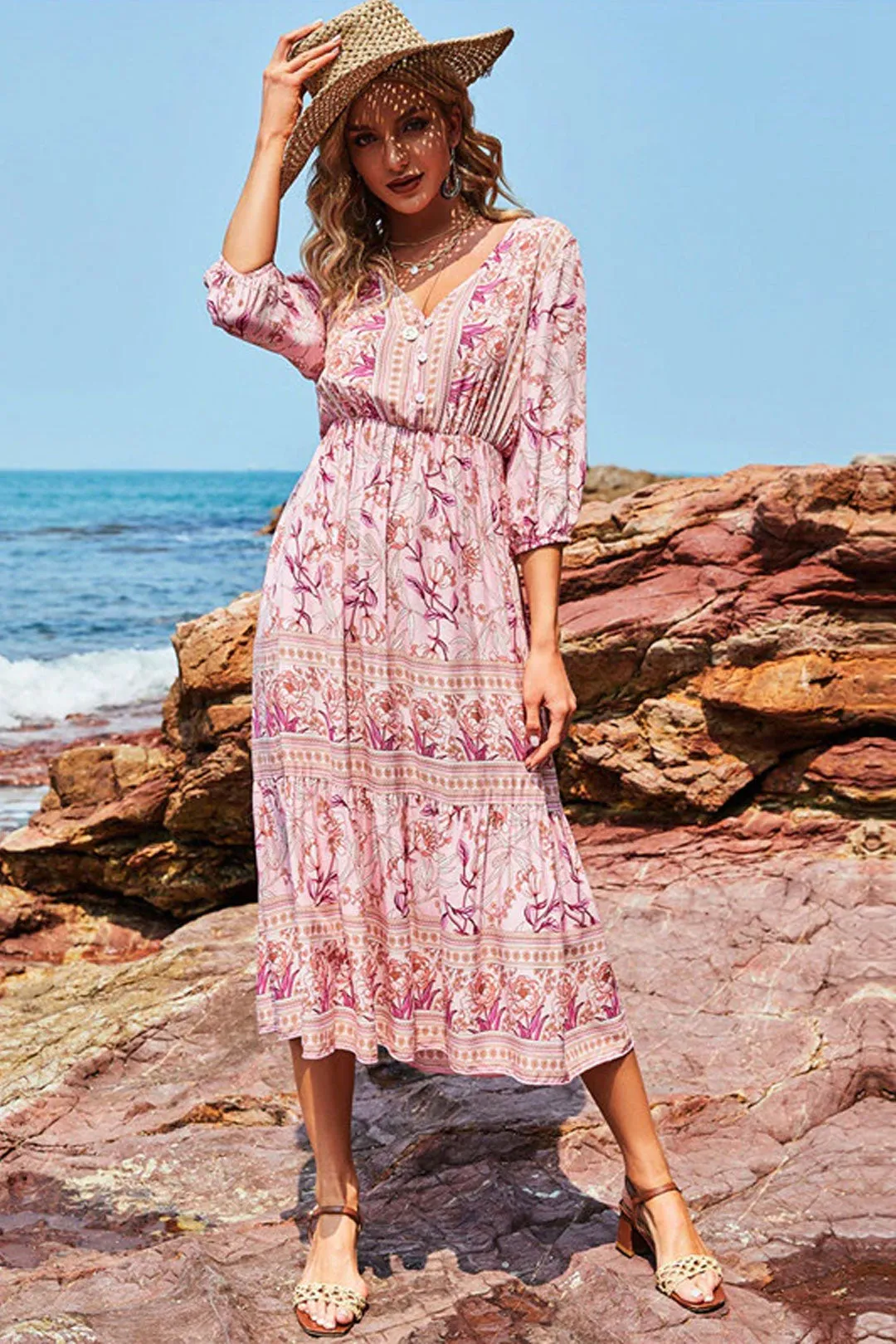Boho Midi Dress, Sundress, Viola in Pink Rose