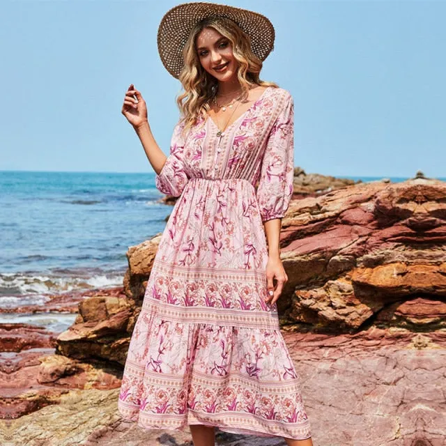 Boho Midi Dress, Sundress, Viola in Pink Rose