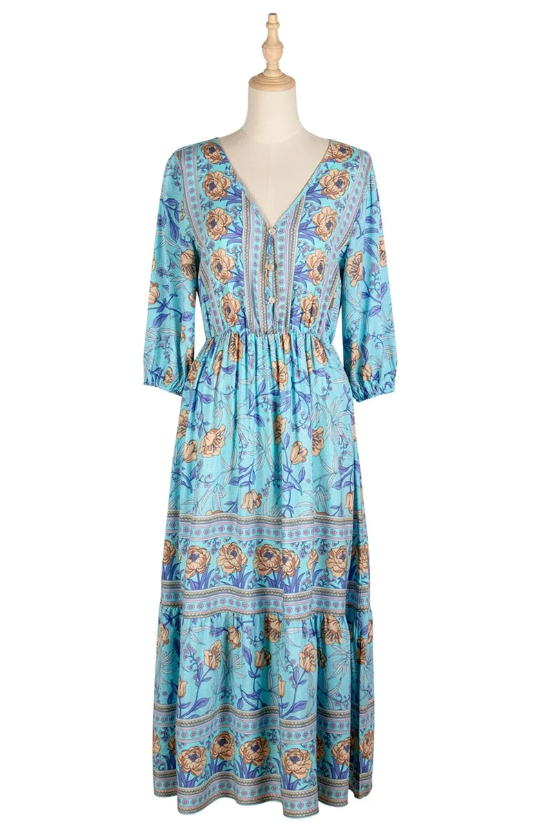 Boho Midi Dress, Sundress, Viola in Pink Rose