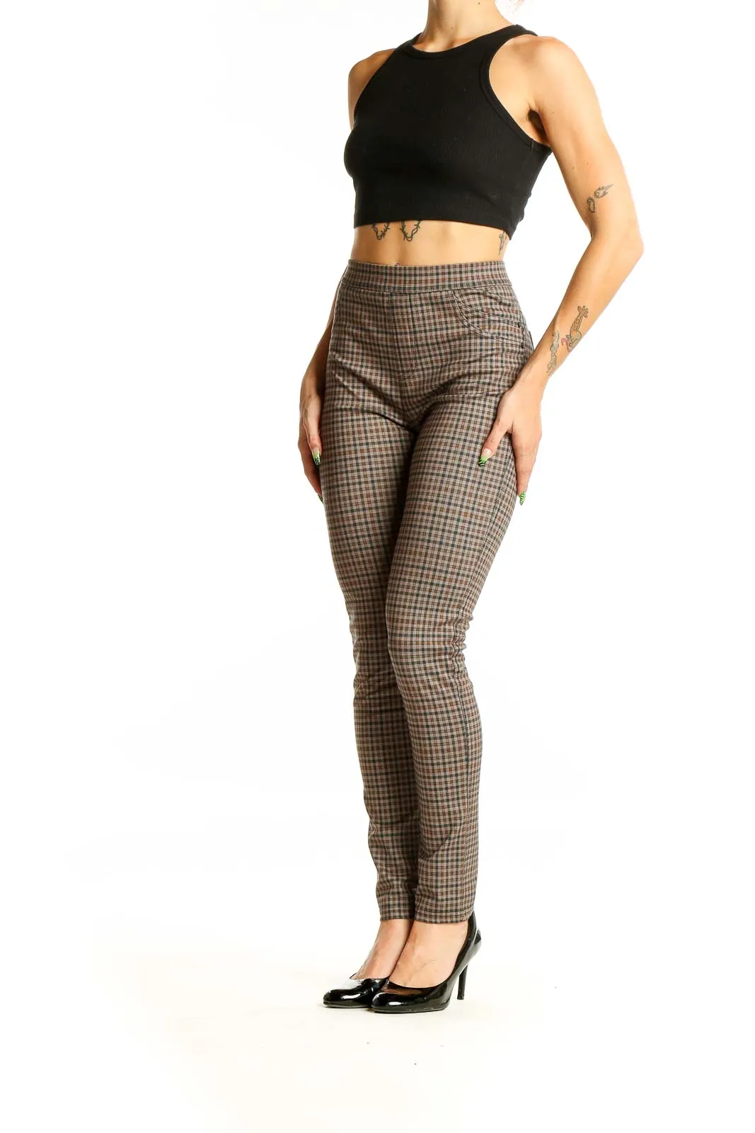 Brown Plaid High-Waisted Skinny Pants