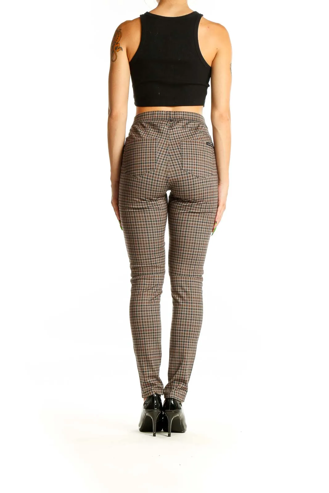 Brown Plaid High-Waisted Skinny Pants