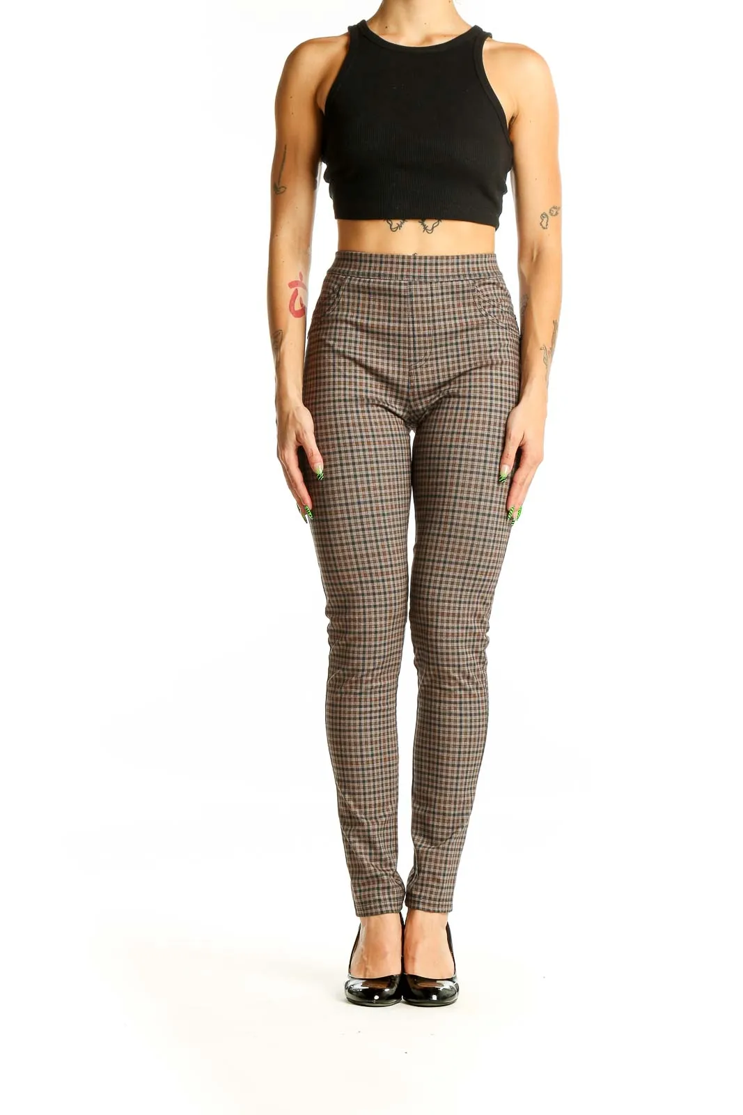 Brown Plaid High-Waisted Skinny Pants