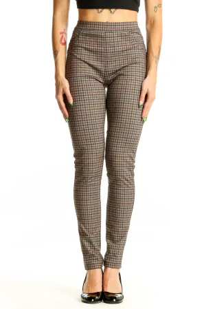 Brown Plaid High-Waisted Skinny Pants