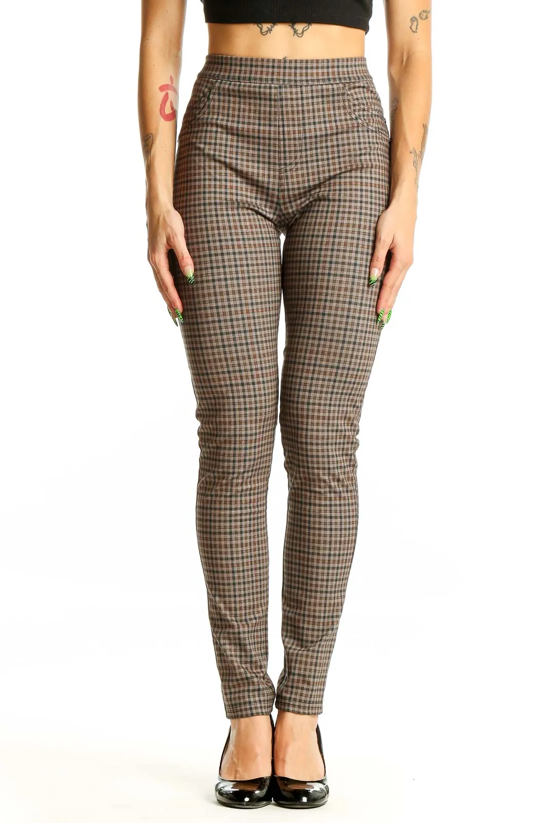 Brown Plaid High-Waisted Skinny Pants